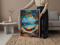 Tropical Palm Hammock Poster, Relaxing Beach Summer Decor - Bright Sky Secluded Ocean