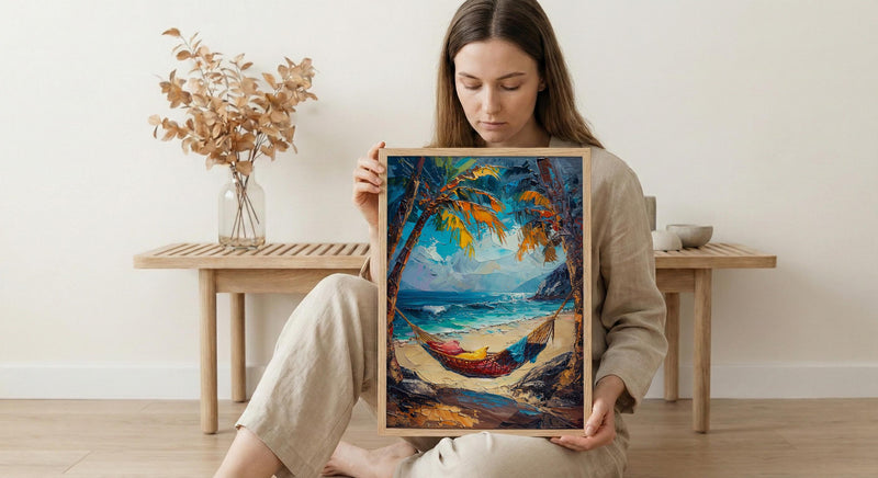 Tropical Palm Hammock Poster, Relaxing Beach Summer Decor - Bright Sky Secluded Ocean