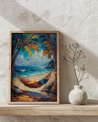 Tropical Palm Hammock Poster, Relaxing Beach Summer Decor - Bright Sky Secluded Ocean