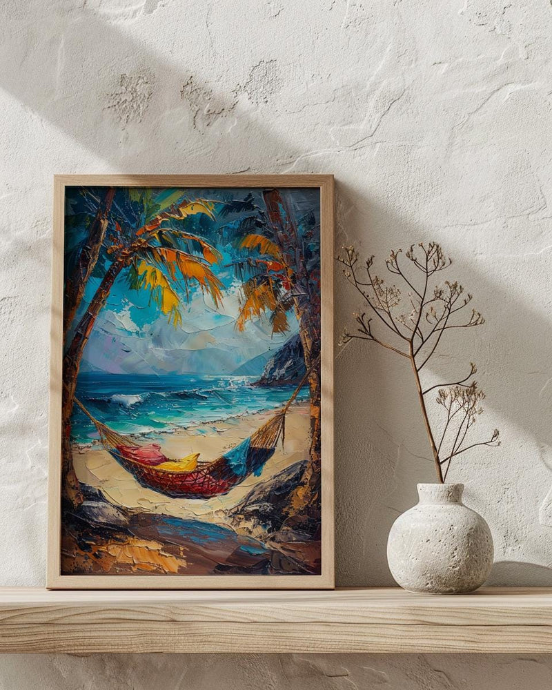 Tropical Palm Hammock Poster, Relaxing Beach Summer Decor - Bright Sky Secluded Ocean
