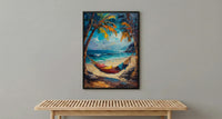 Tropical Palm Hammock Poster, Relaxing Beach Summer Decor - Bright Sky Secluded Ocean