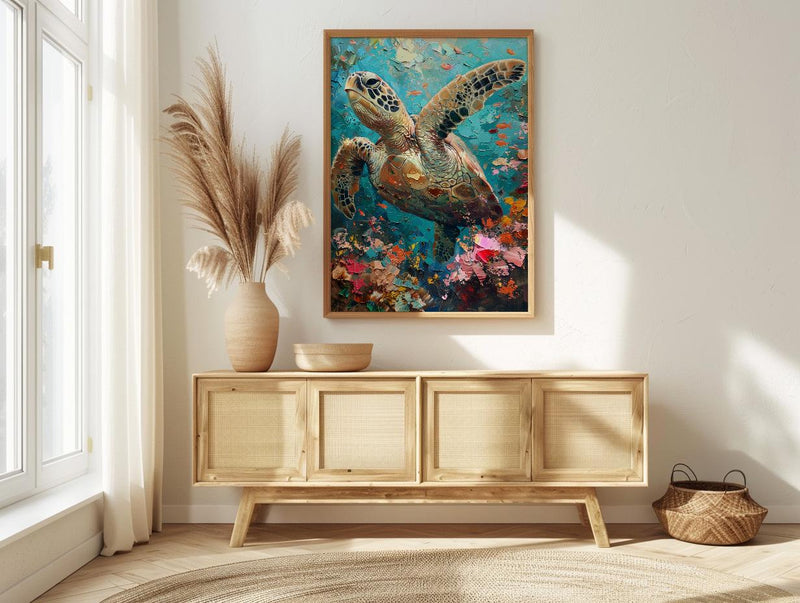Sea Turtle Coral Reef Art Print, Tropical Ocean Decor - Crystal Clear Water Summer