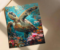 Sea Turtle Coral Reef Art Print, Tropical Ocean Decor - Crystal Clear Water Summer