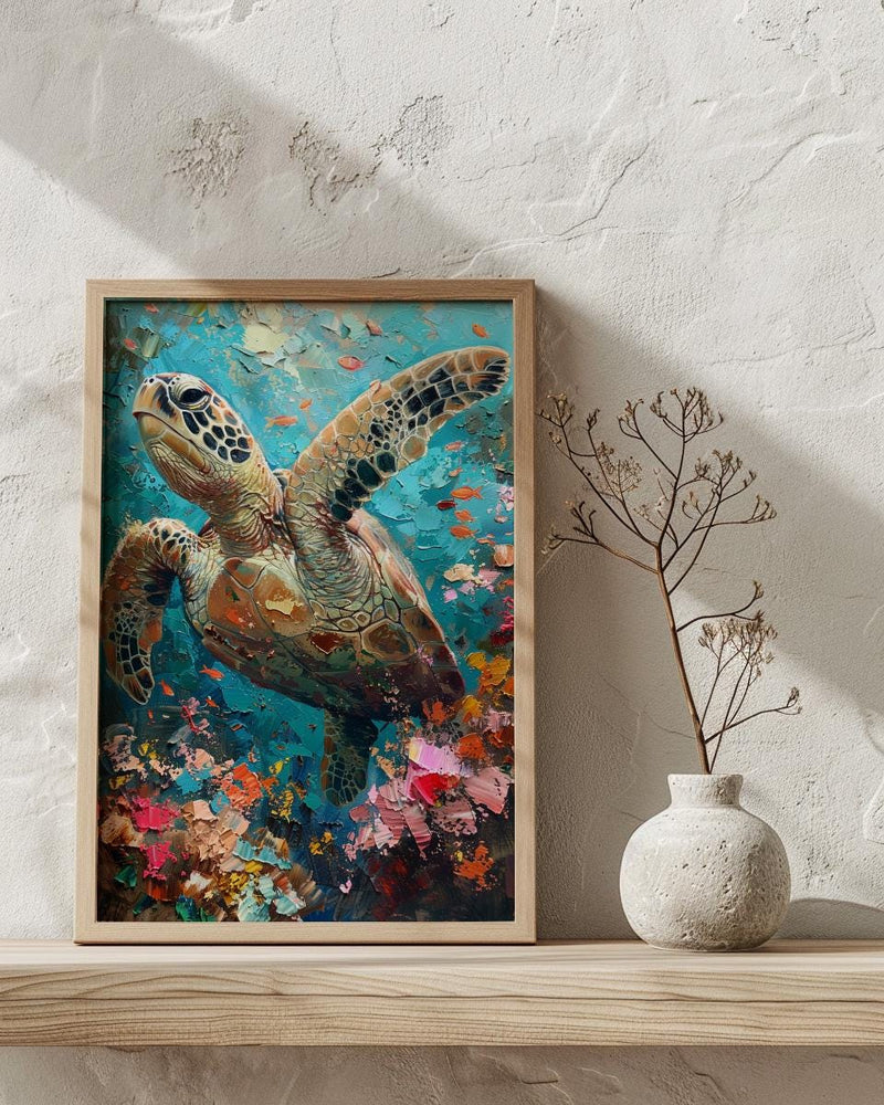 Sea Turtle Coral Reef Art Print, Tropical Ocean Decor - Crystal Clear Water Summer