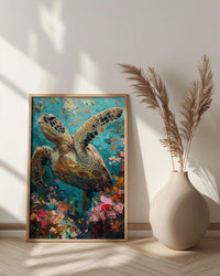 Sea Turtle Coral Reef Art Print, Tropical Ocean Decor - Crystal Clear Water Summer