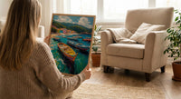 Brazilian Fishing Boat Wall Art, Coastal Ocean Bay Decor - Lush Green Hill View