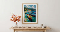 Brazilian Fishing Boat Wall Art, Coastal Ocean Bay Decor - Lush Green Hill View