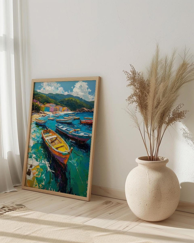 Brazilian Fishing Boat Wall Art, Coastal Ocean Bay Decor - Lush Green Hill View