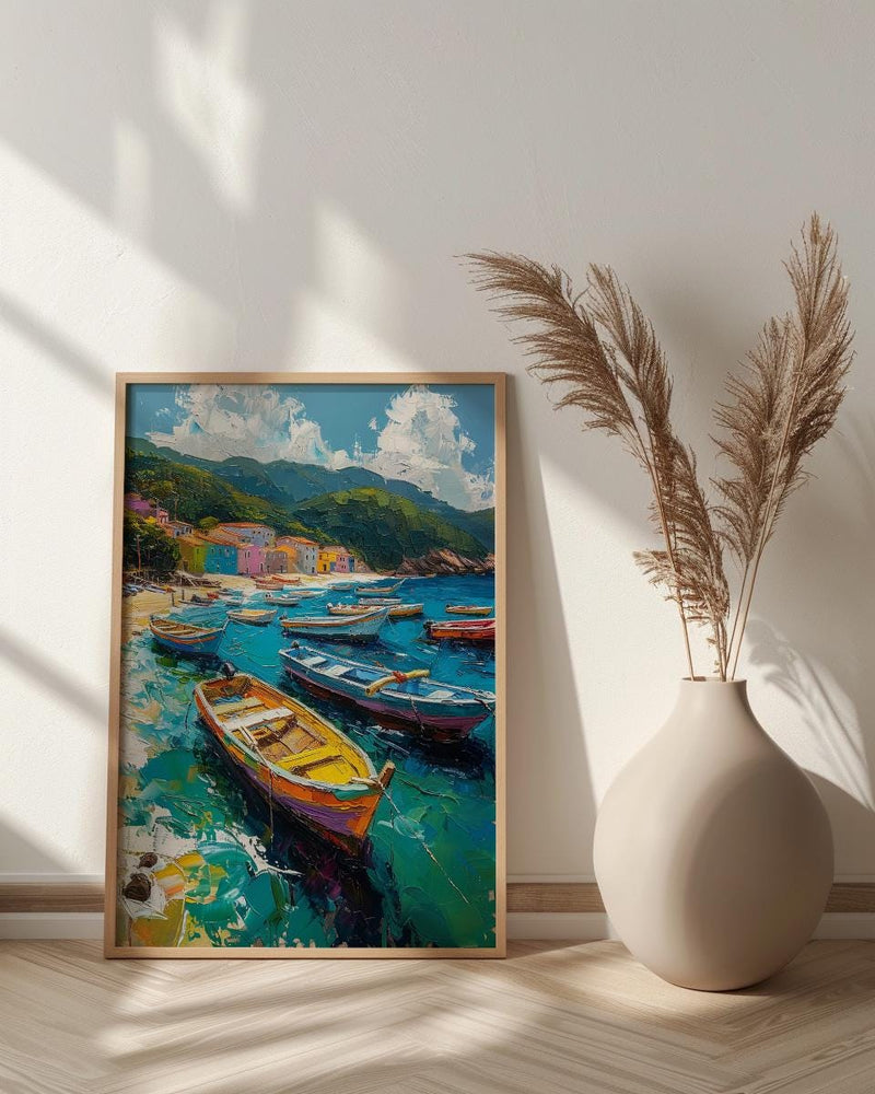 Brazilian Fishing Boat Wall Art, Coastal Ocean Bay Decor - Lush Green Hill View