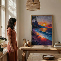 Rio Sugarloaf Mountain Poster, Brazil City Nature Decor - Vibrant Orange Sunset Sky