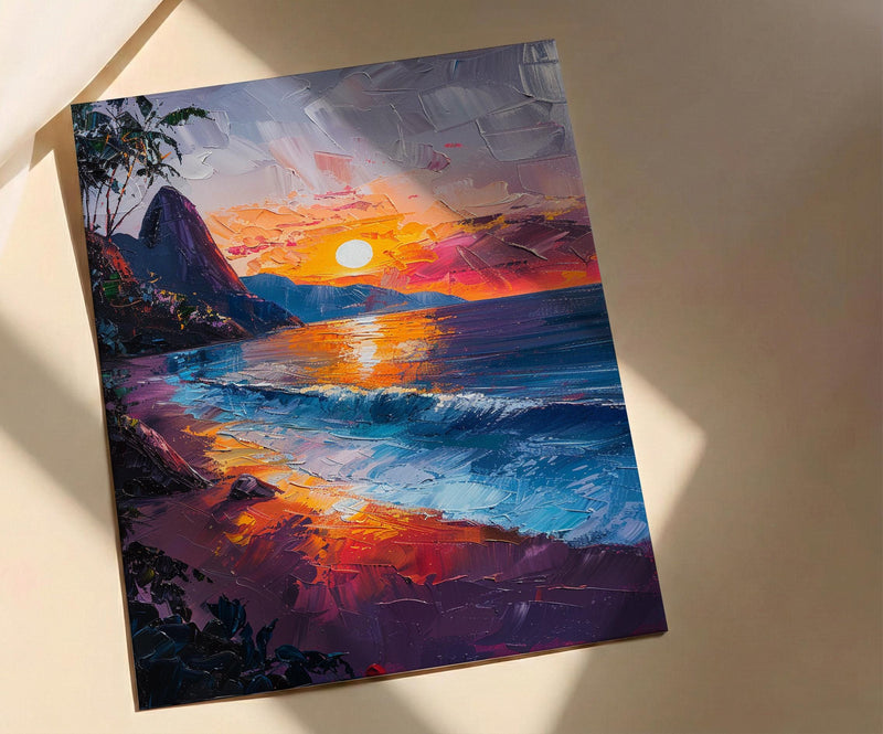 Rio Sugarloaf Mountain Poster, Brazil City Nature Decor - Vibrant Orange Sunset Sky