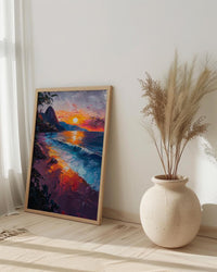 Rio Sugarloaf Mountain Poster, Brazil City Nature Decor - Vibrant Orange Sunset Sky