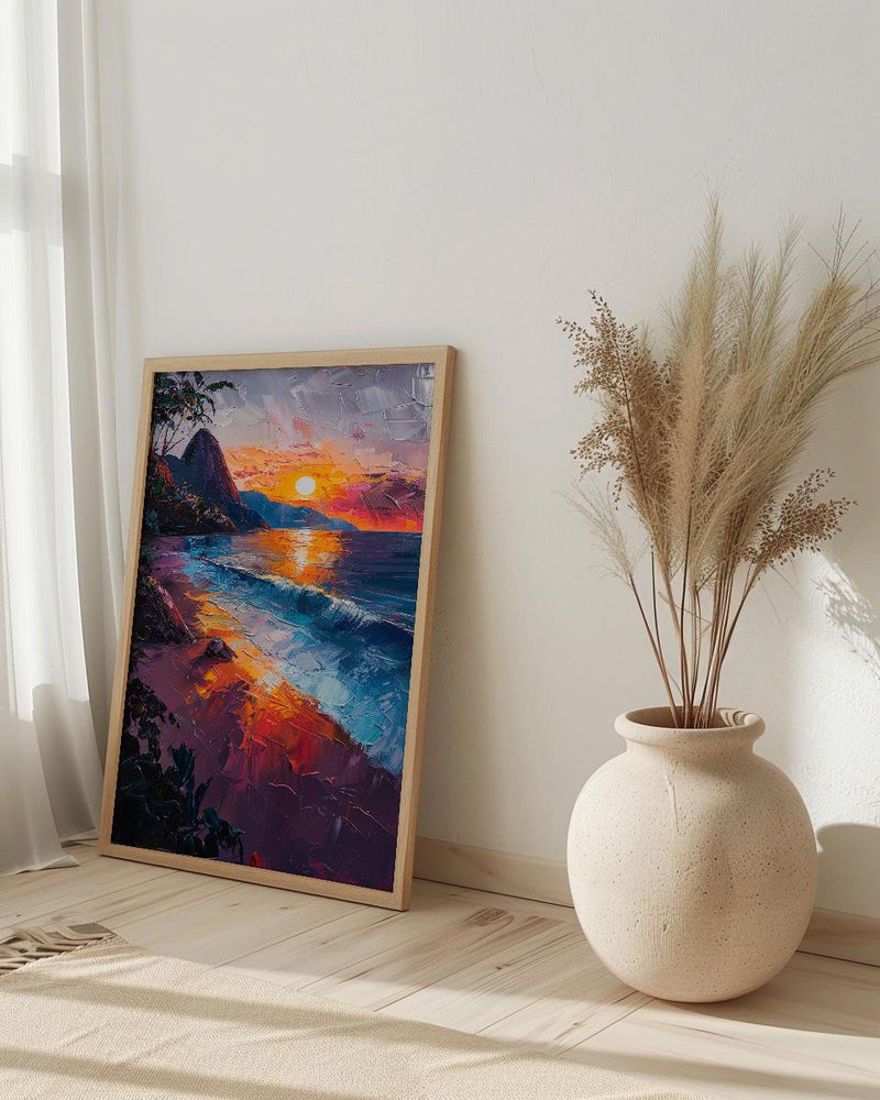 Rio Sugarloaf Mountain Poster, Brazil City Nature Decor - Vibrant Orange Sunset Sky