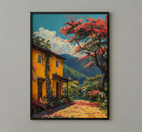 Colombia Coffee Bean Poster, South America Farm Decor - Vibrant Red Brown Summer Sun