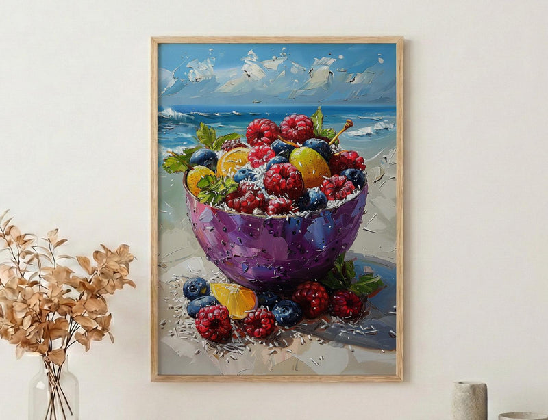 Tropical Acai Bowl Art Print, Beach Food Decor - Fresh Purple Fruit Summer Sand