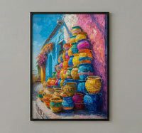 Mercado Woven Basket Poster, Latin America Craft Decor - Colorful Handmade Market Summer Light