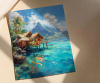 Bora Bora Ocean Art Print, Water Bungalow Home Decor - Bright Tropical Beach Summer Paradise
