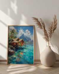 Bora Bora Ocean Art Print, Water Bungalow Home Decor - Bright Tropical Beach Summer Paradise