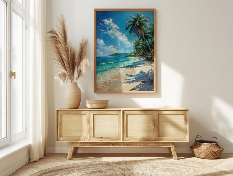 Fiji White Beach Wall Art, Tropical Palm Home Decor - Bright Warm Ocean Summer Getaway