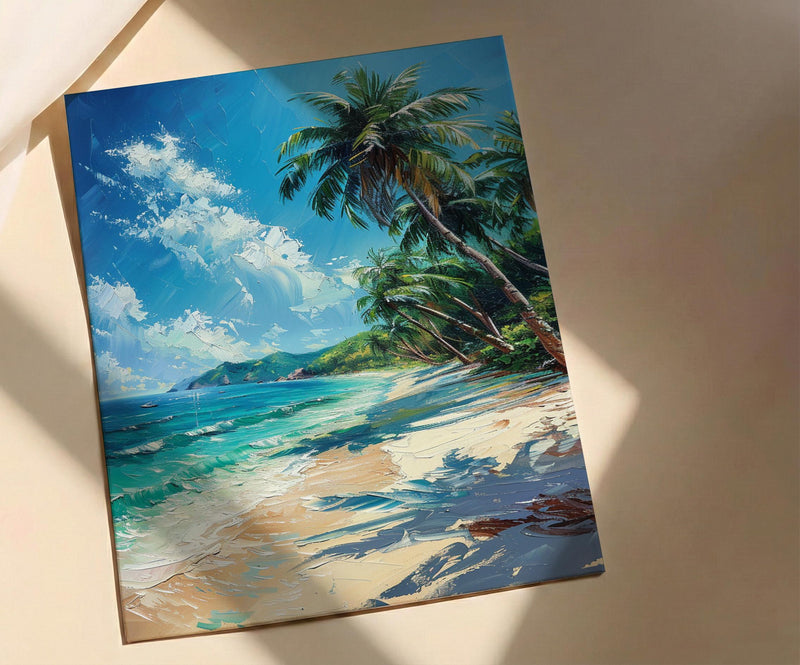 Fiji White Beach Wall Art, Tropical Palm Home Decor - Bright Warm Ocean Summer Getaway
