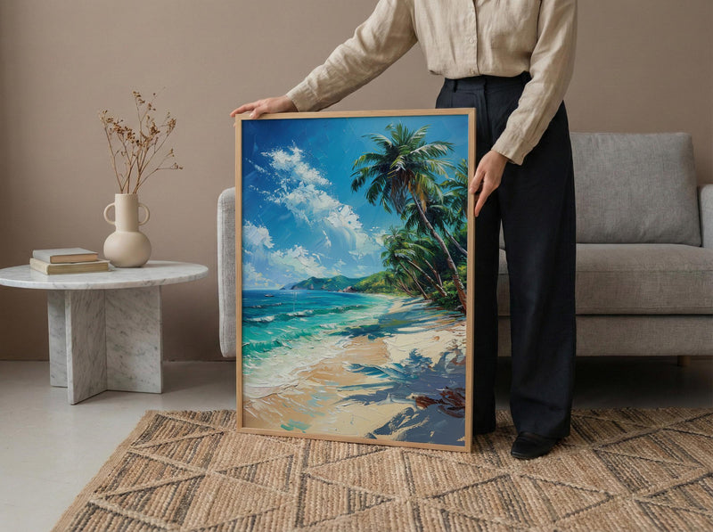 Fiji White Beach Wall Art, Tropical Palm Home Decor - Bright Warm Ocean Summer Getaway
