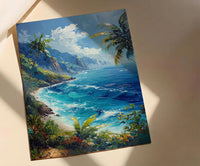 Tahiti Emerald Peak Art Print, Tropical Ocean Home Decor - Lush Green Nature Summer Landscape