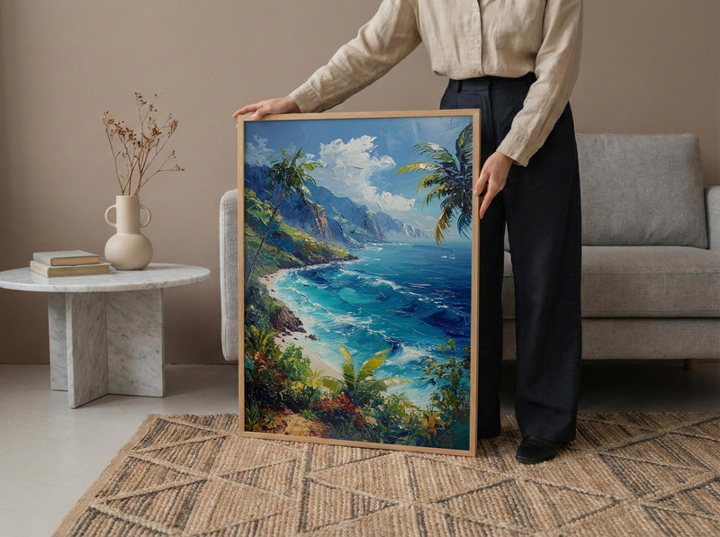 Tahiti Emerald Peak Art Print, Tropical Ocean Home Decor - Lush Green Nature Summer Landscape