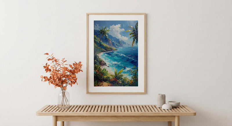 Tahiti Emerald Peak Art Print, Tropical Ocean Home Decor - Lush Green Nature Summer Landscape