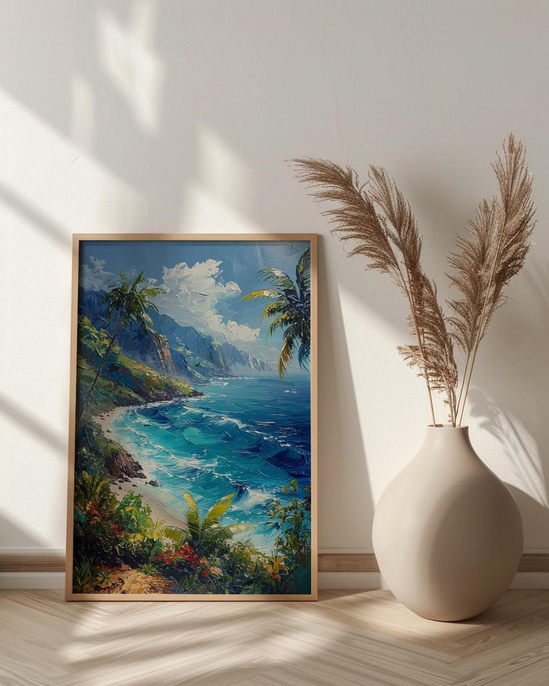 Tahiti Emerald Peak Art Print, Tropical Ocean Home Decor - Lush Green Nature Summer Landscape