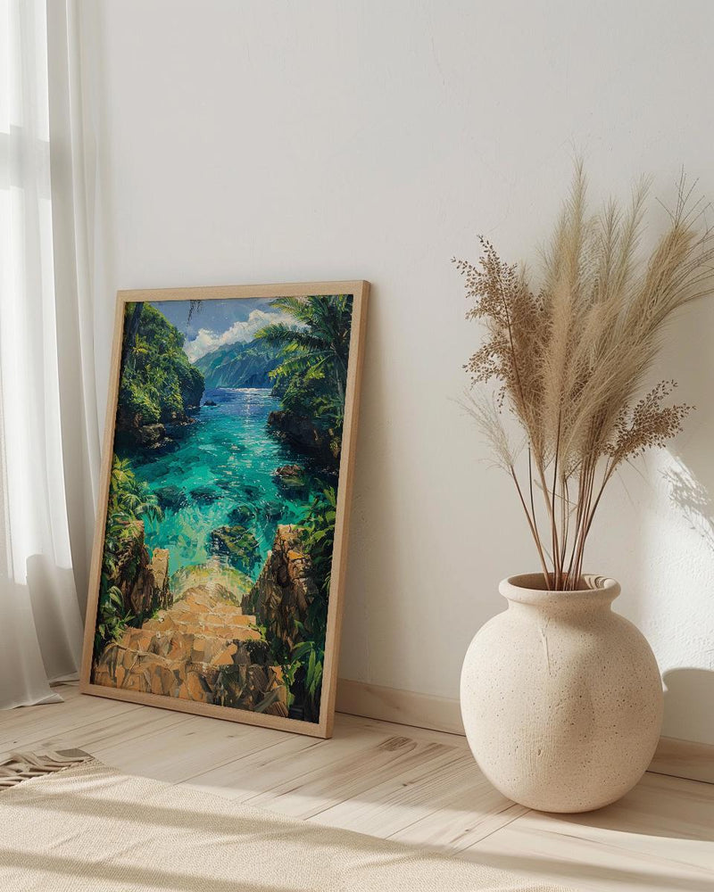 Samoa Ocean Trench Wall Art, Tropical Jungle Home Decor - Glowing Blue Water Summer Escape