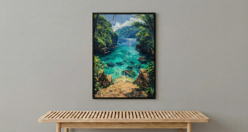 Samoa Ocean Trench Wall Art, Tropical Jungle Home Decor - Glowing Blue Water Summer Escape