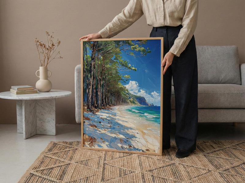 New Caledonia Pine Art Print, White Beach Home Decor - Tropical Bright Ocean Summer Morning
