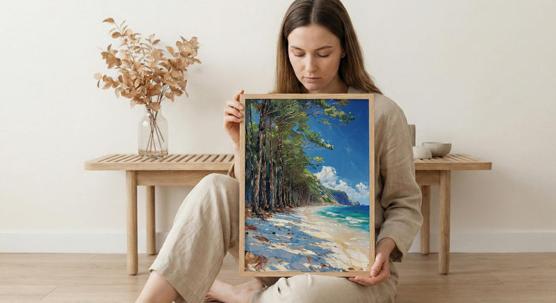 New Caledonia Pine Art Print, White Beach Home Decor - Tropical Bright Ocean Summer Morning
