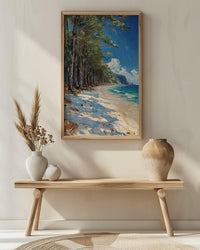 New Caledonia Pine Art Print, White Beach Home Decor - Tropical Bright Ocean Summer Morning