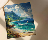 Moorea Coral Reef Ocean Poster, Turquoise Water Home Decor - Green Mountain Coast Summer Scene