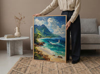 Moorea Coral Reef Ocean Poster, Turquoise Water Home Decor - Green Mountain Coast Summer Scene