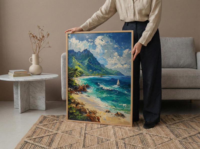 Moorea Coral Reef Ocean Poster, Turquoise Water Home Decor - Green Mountain Coast Summer Scene