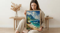 Moorea Coral Reef Ocean Poster, Turquoise Water Home Decor - Green Mountain Coast Summer Scene