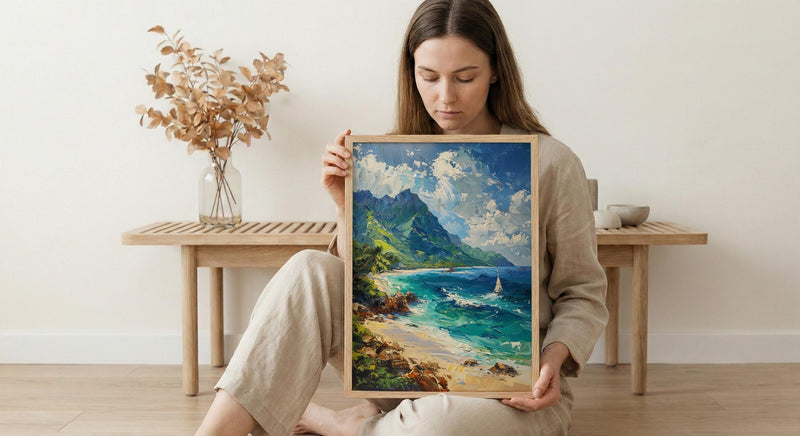 Moorea Coral Reef Ocean Poster, Turquoise Water Home Decor - Green Mountain Coast Summer Scene