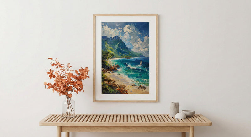 Moorea Coral Reef Ocean Poster, Turquoise Water Home Decor - Green Mountain Coast Summer Scene