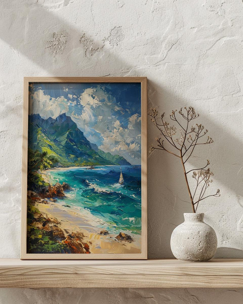 Moorea Coral Reef Ocean Poster, Turquoise Water Home Decor - Green Mountain Coast Summer Scene