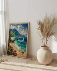 Moorea Coral Reef Ocean Poster, Turquoise Water Home Decor - Green Mountain Coast Summer Scene