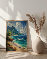 Moorea Coral Reef Ocean Poster, Turquoise Water Home Decor - Green Mountain Coast Summer Scene
