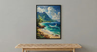 Moorea Coral Reef Ocean Poster, Turquoise Water Home Decor - Green Mountain Coast Summer Scene