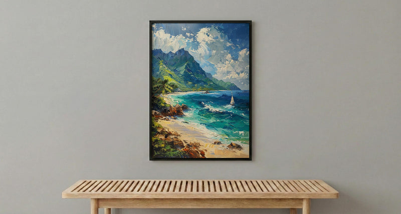 Moorea Coral Reef Ocean Poster, Turquoise Water Home Decor - Green Mountain Coast Summer Scene