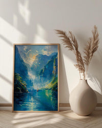 Milford Sound Fall Ocean Poster, Green Cliff Home Decor - Peaceful Nature River Summer View