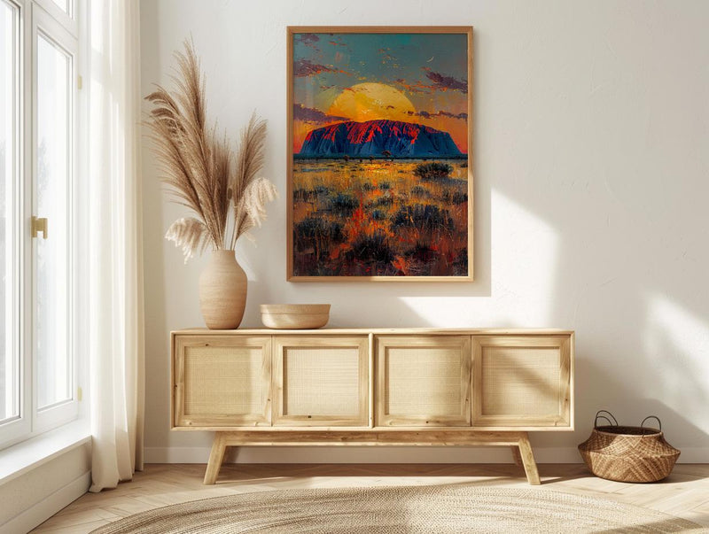 Uluru Sunset Rock Wall Art, Australia Outback Home Decor - Bright Red Desert Summer Scenery