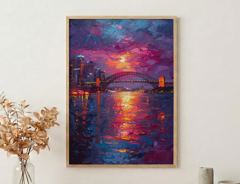 Sydney Harbour Night City Poster, Australia Travel Home Decor - Colorful Evening Coast Summer Scene