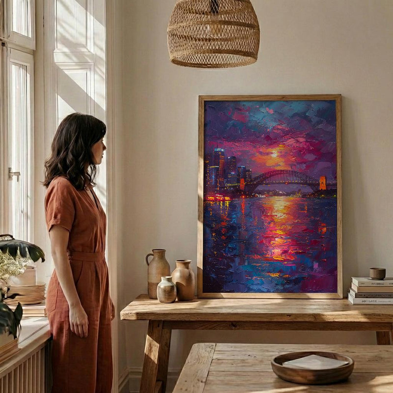 Sydney Harbour Night City Poster, Australia Travel Home Decor - Colorful Evening Coast Summer Scene