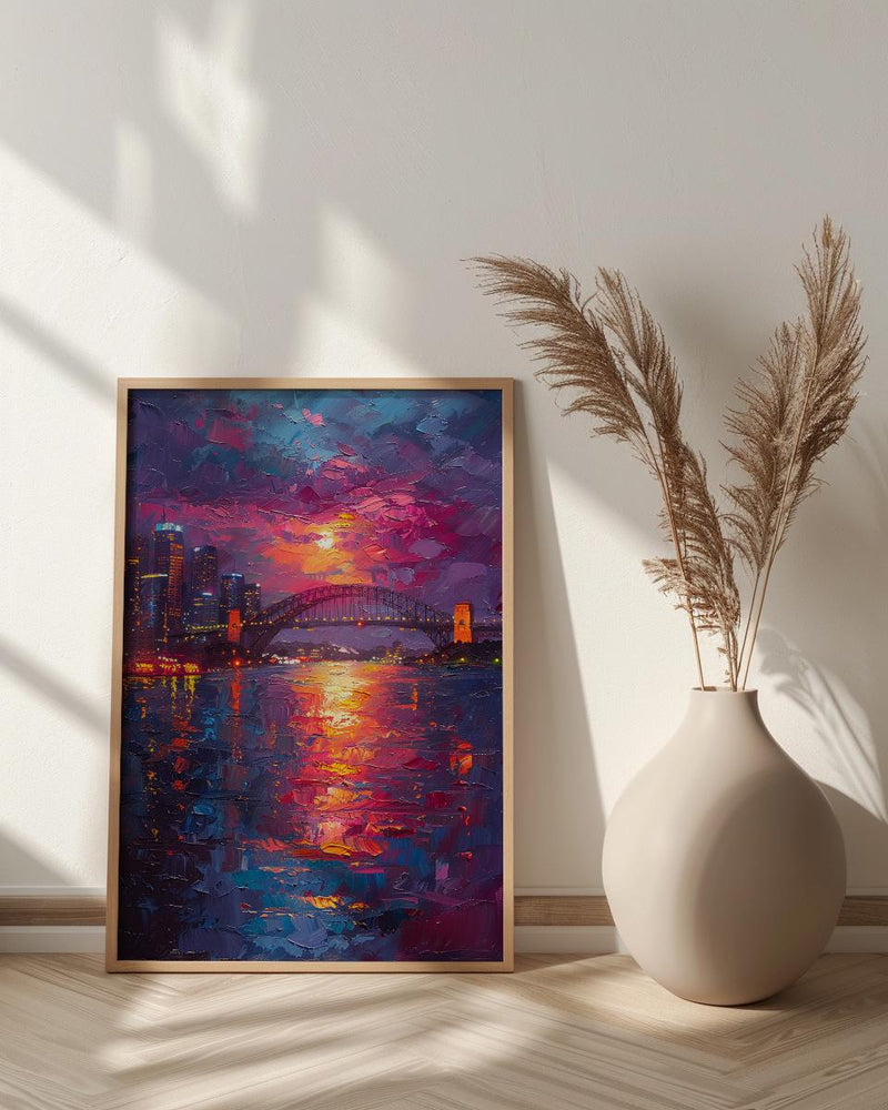 Sydney Harbour Night City Poster, Australia Travel Home Decor - Colorful Evening Coast Summer Scene